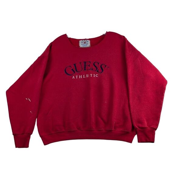 Vintage Guess Athletic Red Round Neck Sweatshirt X-Large Distressed Made IN USA - Picture 1 of 10